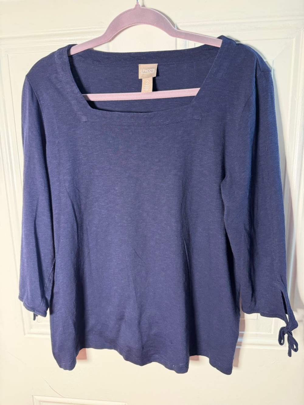 Chico's Blue Square-Neck 3/4 Sleeve Tie-Cuff Top